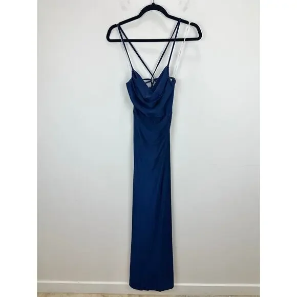 Lulus Iconic Allure Navy Blue Cowl Neck Lace Up Ruched Maxi Dress Stretch XS NWT - Picture 5 of 13